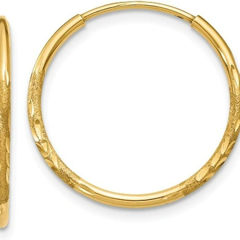 14K Gold Diamond Cut Round Endless Hoop Earrings, 1.25mm Thick Tube